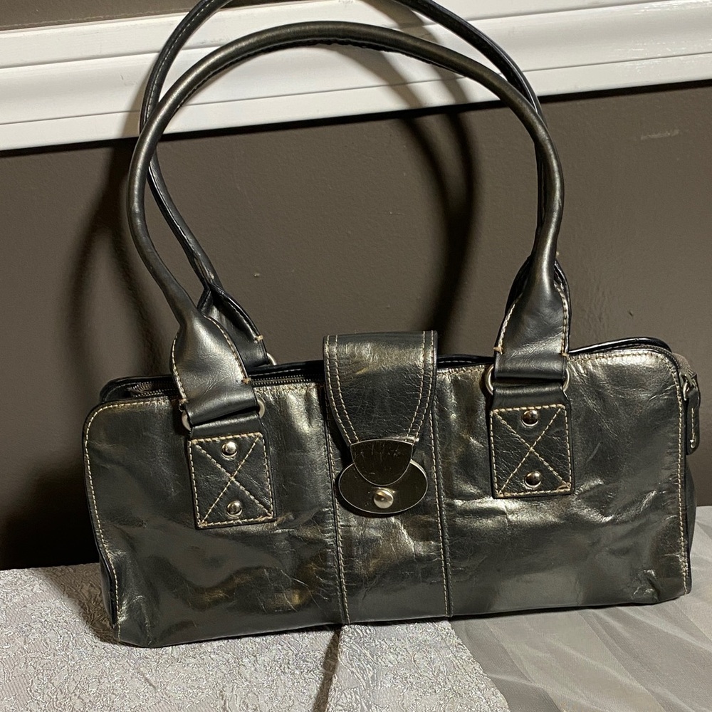 East 5TH Elegant Oblong Dark Gray & Silver Leather Handbag